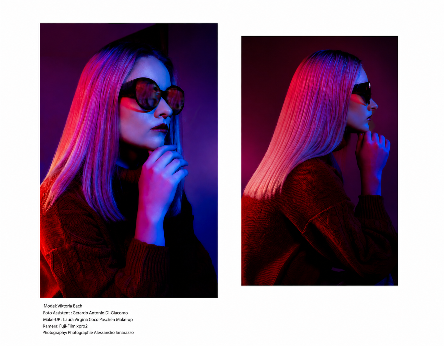 Zweiteiliges Beauty-Editorial in rotem und blauem Licht